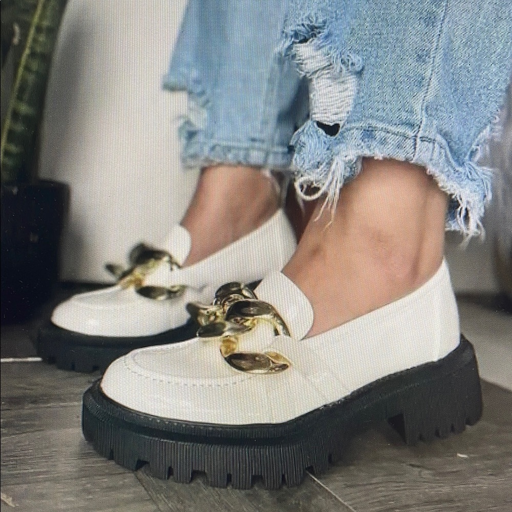 Women's White Loafers with Gold Chain Detail